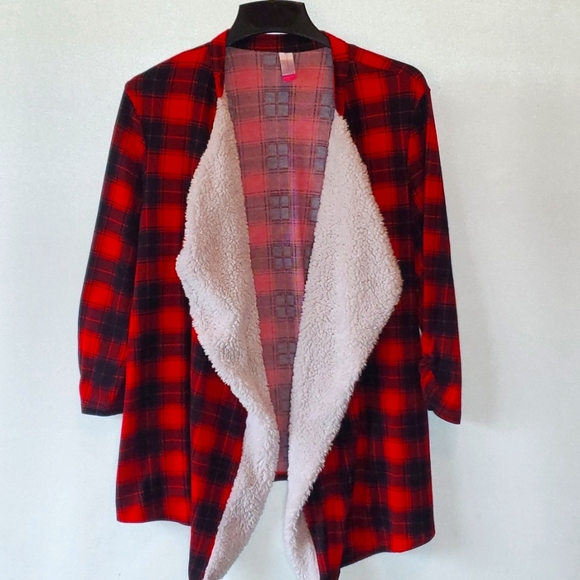 No Boundaries Sweaters - No Boundaries Red and Black Plaid Sherpa-Lined Open Cardigan